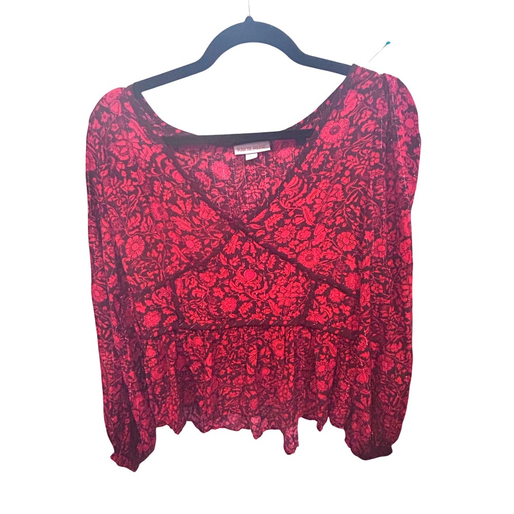 Knox Rose Red Black Floral Print Peplum Blouse Long Sleeve Women's Size L‎